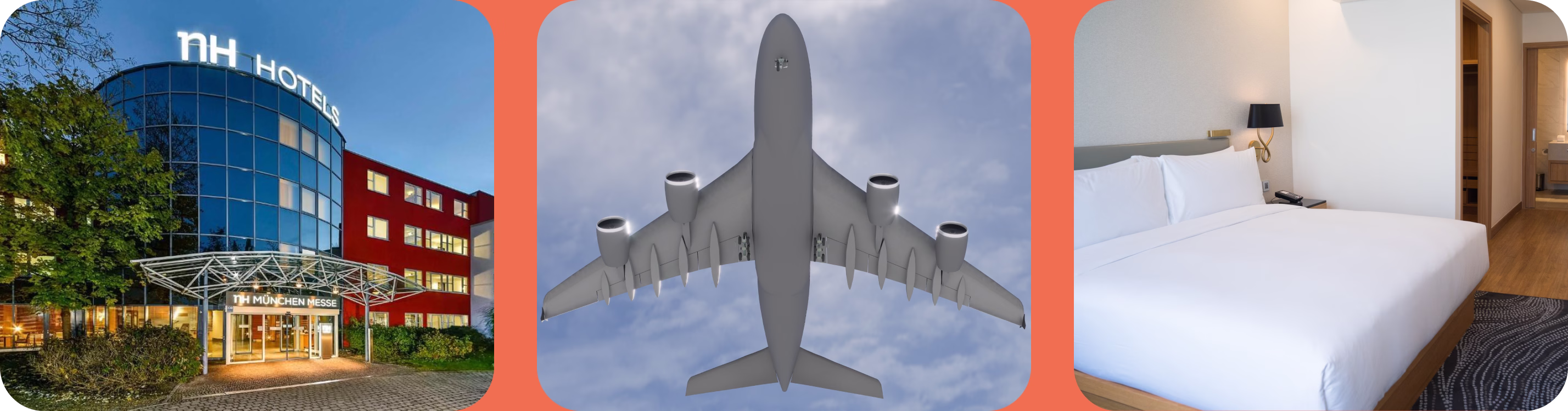 hotel, flight, and bed